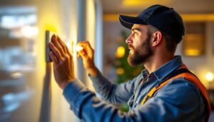 A photograph of a skilled lighting contractor installing or adjusting smart lighting systems in a modern home environment