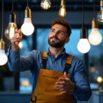 A photograph of a lighting contractor expertly installing or demonstrating various types of modern light bulbs in a well-lit