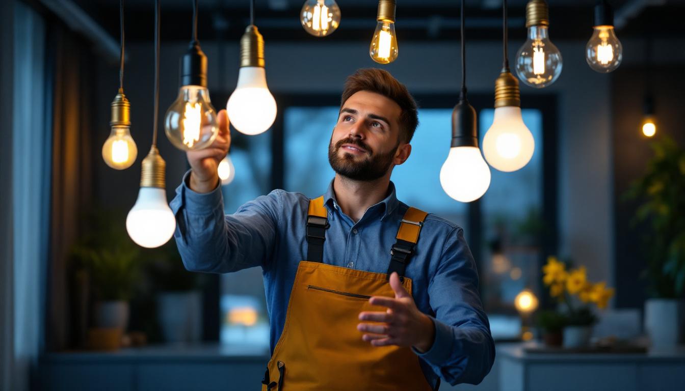 A photograph of a lighting contractor expertly installing or demonstrating various types of modern light bulbs in a well-lit