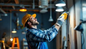 A photograph of a skilled lighting contractor at work