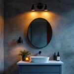 A photograph of a stylish industrial vanity lighting setup in a modern bathroom