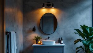 A photograph of a stylish industrial vanity lighting setup in a modern bathroom