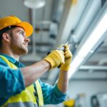 A photograph of a lighting contractor skillfully replacing a fluorescent ballast in a commercial setting
