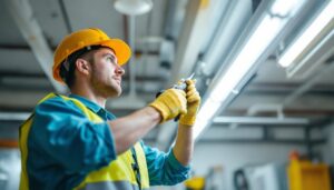 A photograph of a lighting contractor skillfully replacing a fluorescent ballast in a commercial setting