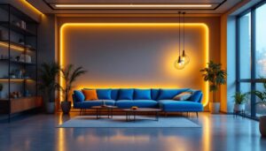 A photograph of a modern lighting installation that seamlessly blends retro design elements with contemporary aesthetics