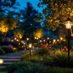 A photograph of a beautifully illuminated garden scene at dusk