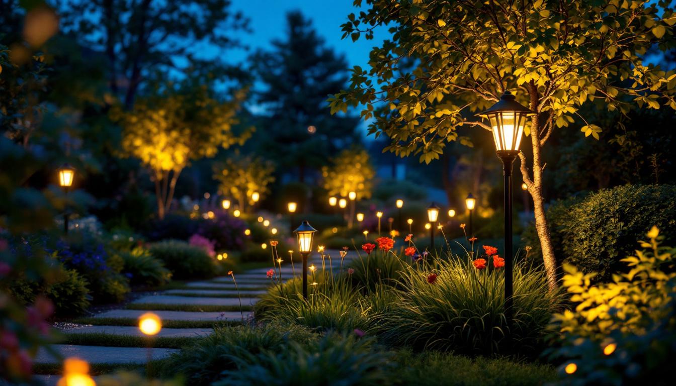 A photograph of a beautifully illuminated garden scene at dusk