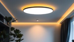 A photograph of a beautifully designed large flush mount light fixture installed in a modern living space