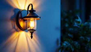 A photograph of a beautifully designed wall sconce illuminated in a stylish interior setting
