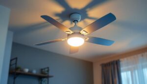 A photograph of a beautifully designed ceiling fan with an integrated light kit installed in a stylish room setting