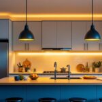 A photograph of a beautifully designed kitchen featuring stylish ceiling light fixtures that highlight the space