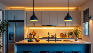 A photograph of a beautifully designed kitchen featuring stylish ceiling light fixtures that highlight the space