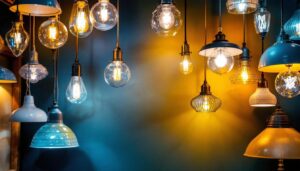 A photograph of a beautifully arranged display of various used light fixtures