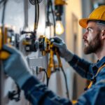 A photograph of a skilled lighting contractor working with various fan switches in a well-lit setting