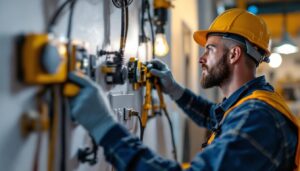 A photograph of a skilled lighting contractor working with various fan switches in a well-lit setting
