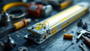 A photograph of a close-up shot of a fluorescent ballast