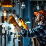 A photograph of a skilled lighting contractor working on a modern lighting installation in a residential or commercial space