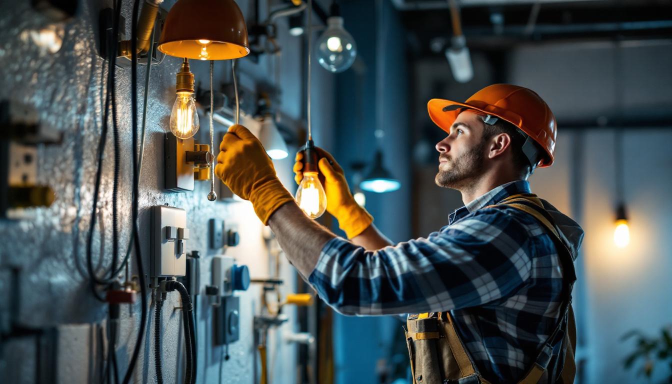 A photograph of a skilled lighting contractor working on a modern lighting installation in a residential or commercial space