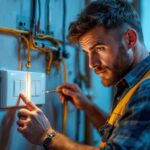A photograph of a lighting contractor examining a complex light switch setup with three switches