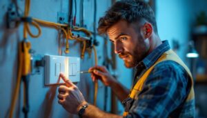 A photograph of a lighting contractor examining a complex light switch setup with three switches