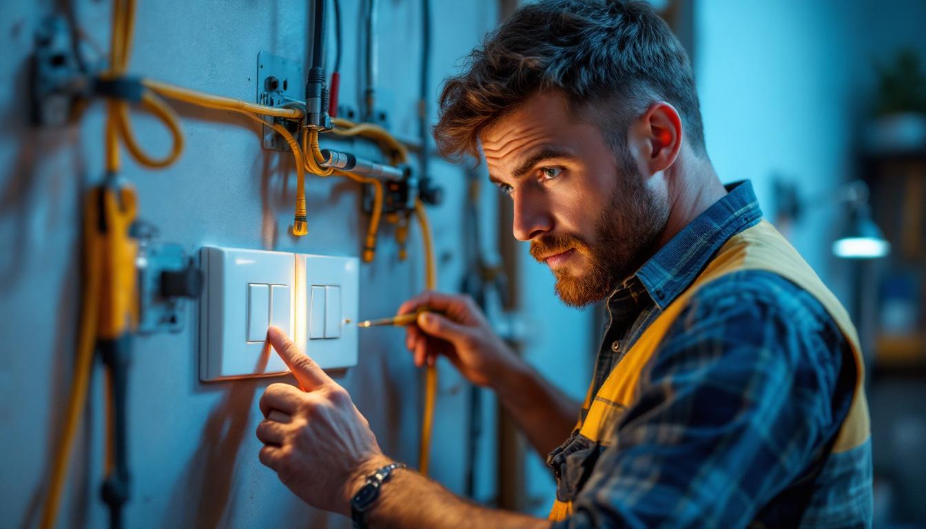 A photograph of a lighting contractor examining a complex light switch setup with three switches