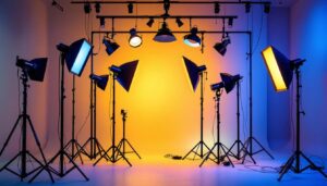 A photograph of a well-designed lighting grid setup in a studio environment