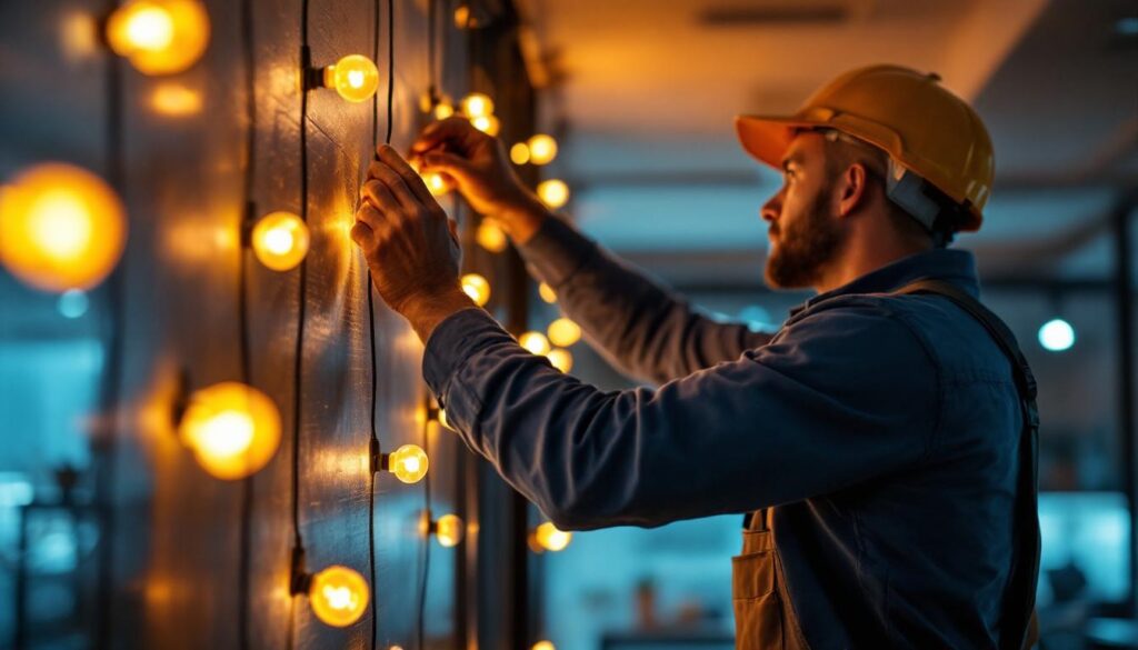 A photograph of a lighting contractor installing amber led lights in a commercial space