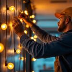 A photograph of a lighting contractor installing amber led lights in a commercial space