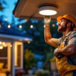 A photograph of a skilled lighting contractor installing an outdoor flush mount fixture on a stylish patio or deck