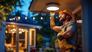 A photograph of a skilled lighting contractor installing an outdoor flush mount fixture on a stylish patio or deck