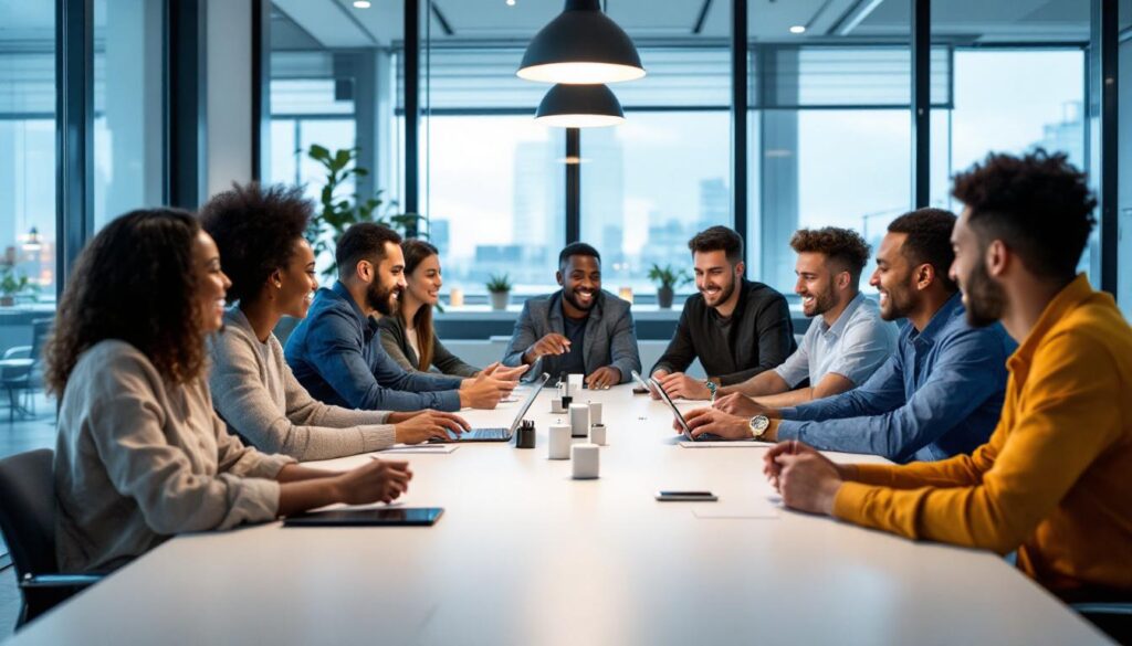 A photograph of a diverse team gathered around a modern conference table