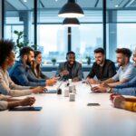 A photograph of a diverse team gathered around a modern conference table