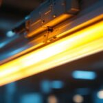A photograph of a close-up of a ballast fluorescent light fixture in a commercial setting
