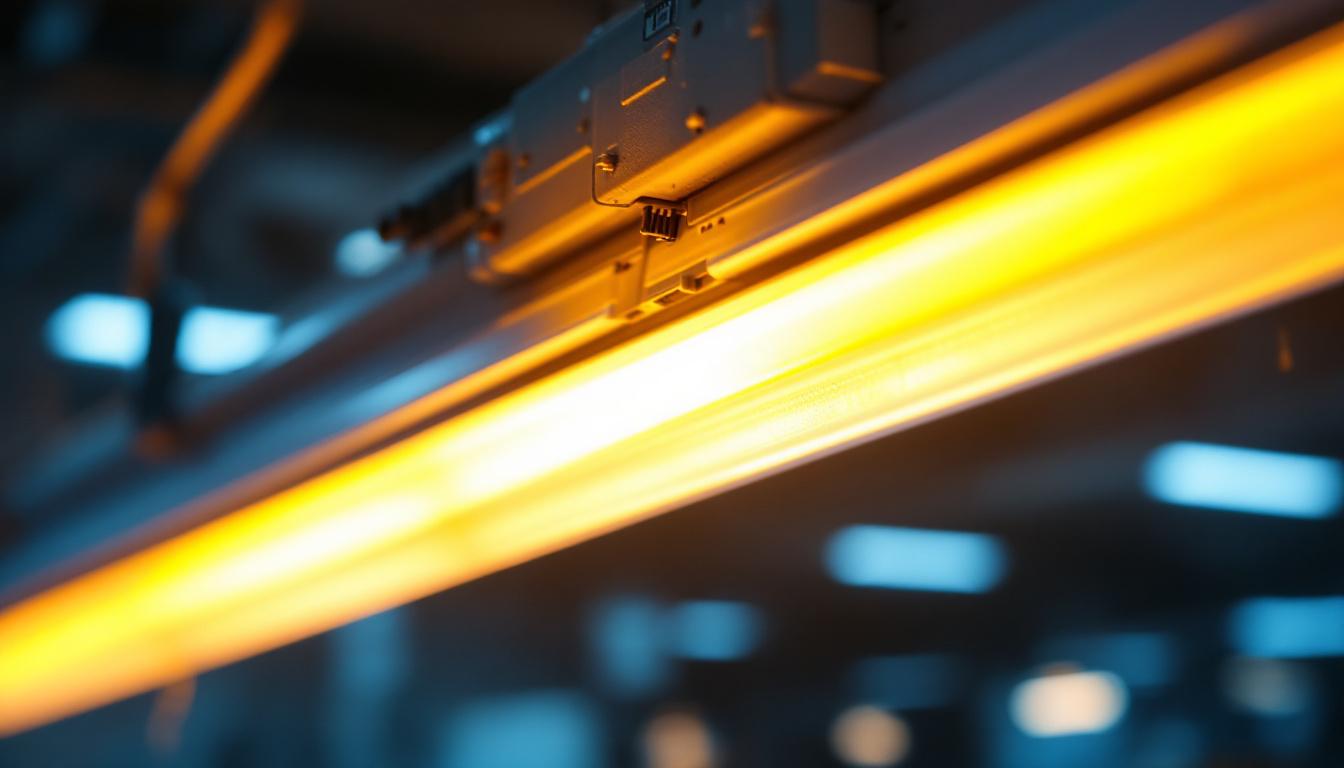 A photograph of a close-up of a ballast fluorescent light fixture in a commercial setting