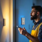 A photograph of a lighting professional examining a smart switch installation in a modern home setting