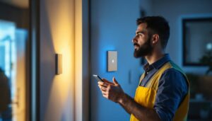 A photograph of a lighting professional examining a smart switch installation in a modern home setting