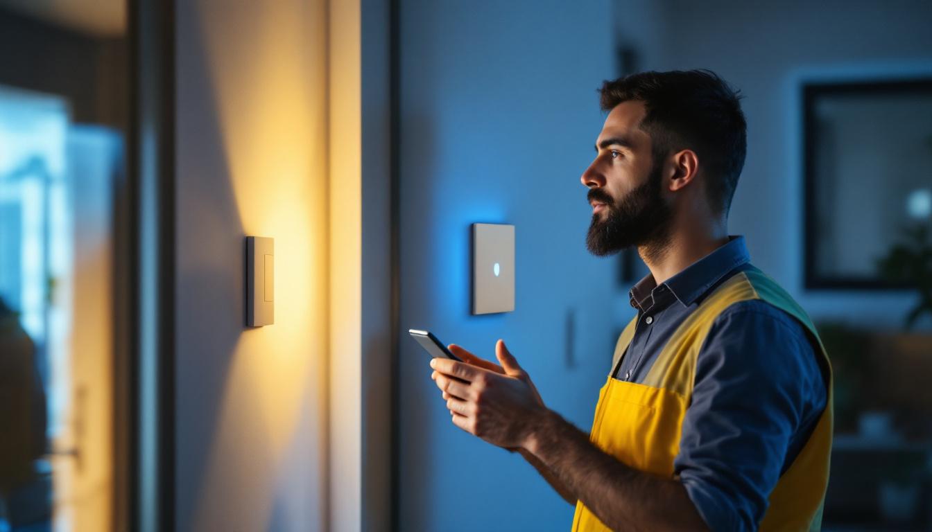 A photograph of a lighting professional examining a smart switch installation in a modern home setting