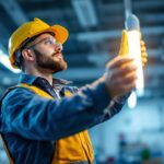 A photograph of a lighting contractor installing a t8 led light bulb in a commercial setting