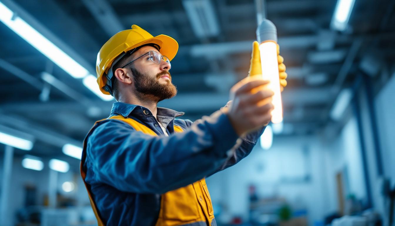 A photograph of a lighting contractor installing a t8 led light bulb in a commercial setting