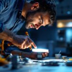 A photograph of a lighting contractor working on a residential installation of square led lights