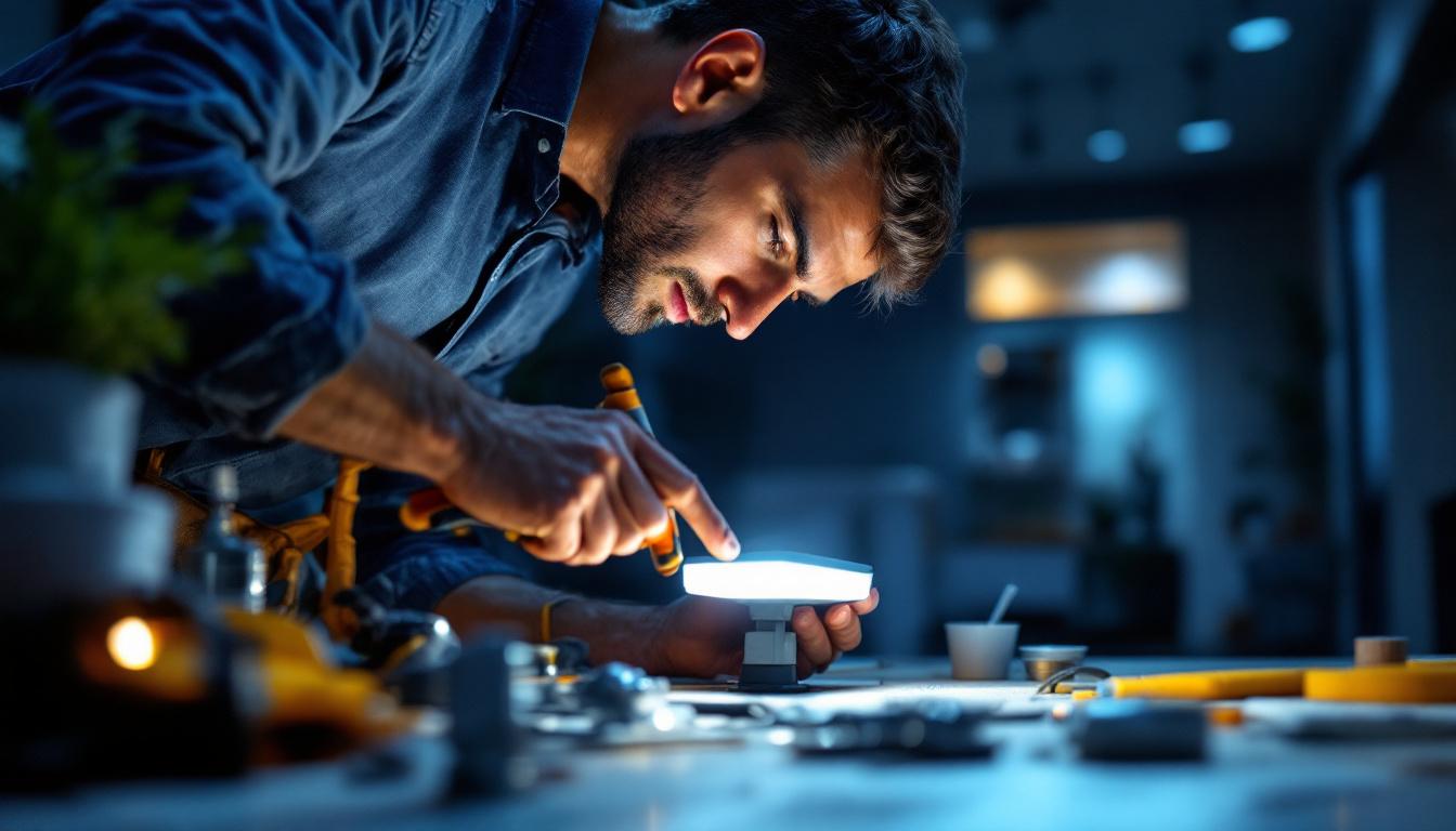 A photograph of a lighting contractor working on a residential installation of square led lights