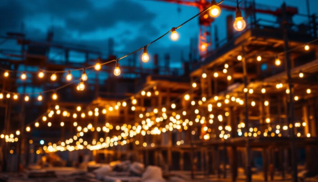 A photograph of a well-lit outdoor construction site at dusk