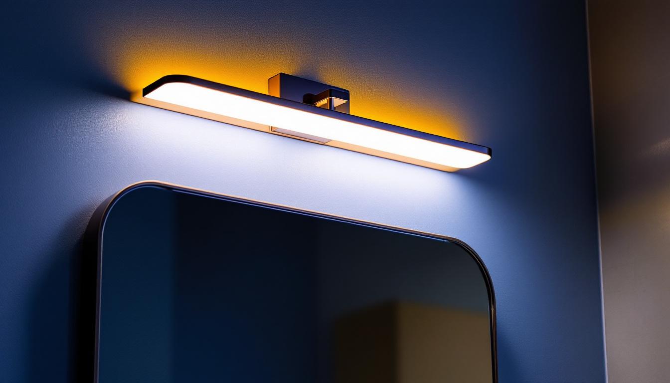 A photograph of a stylishly designed offset vanity light installed above a contemporary bathroom mirror