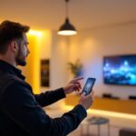 A photograph of a lighting contractor demonstrating a smart home lighting control system in a modern living space