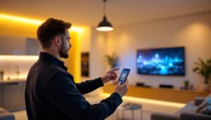 A photograph of a lighting contractor demonstrating a smart home lighting control system in a modern living space