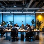 A photograph of a modern commercial office space featuring a variety of innovative lighting solutions