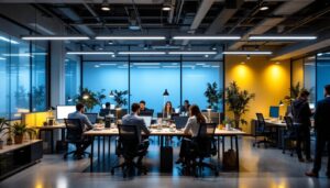 A photograph of a modern commercial office space featuring a variety of innovative lighting solutions