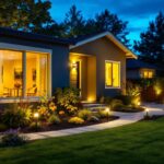 A photograph of a well-lit backyard at dusk