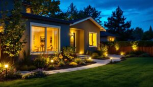 A photograph of a well-lit backyard at dusk