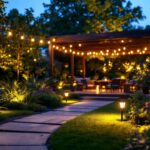 A photograph of a beautifully illuminated outdoor space featuring various styles of led flood lights in use